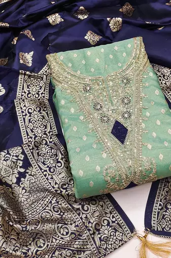 women sea green embroidered unstitched dress material