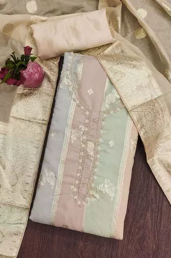 floral woven designed beads and stones unstitched dress material