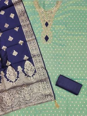 women sea green embroidered unstitched dress material 2
