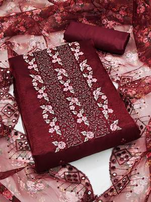 ethnic motifs embroidered sequinned organza unstitched dress material 1