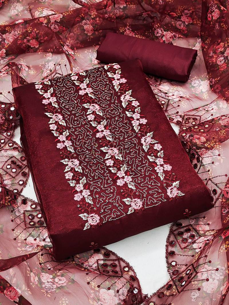 ethnic motifs embroidered sequinned organza unstitched dress material