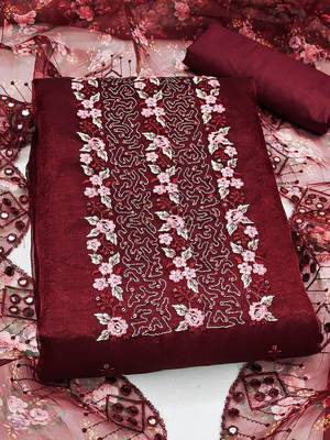 ethnic motifs embroidered sequinned organza unstitched dress material 2