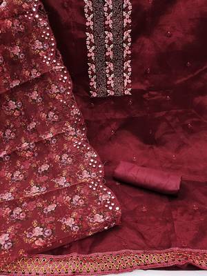 ethnic motifs embroidered sequinned organza unstitched dress material 3