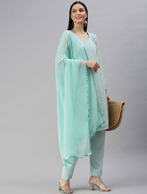 turquoise blue embroidered unstitched dress material 1