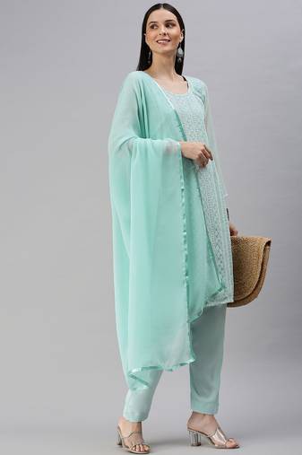turquoise blue embroidered unstitched dress material
