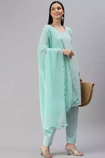 turquoise blue embroidered unstitched dress material