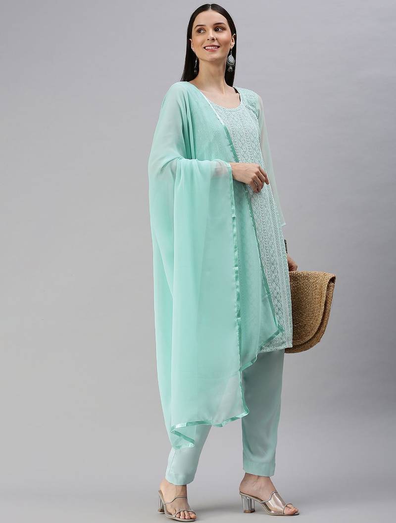 turquoise blue embroidered unstitched dress material
