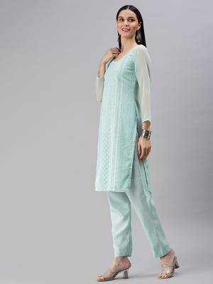 turquoise blue embroidered unstitched dress material 5