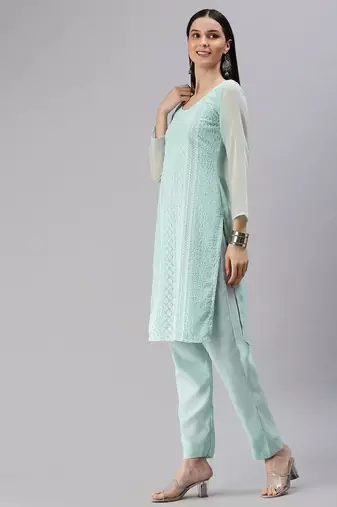 turquoise blue embroidered unstitched dress material