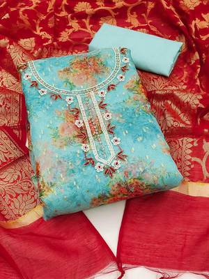 printed embellished organza unstitched dress material 1
