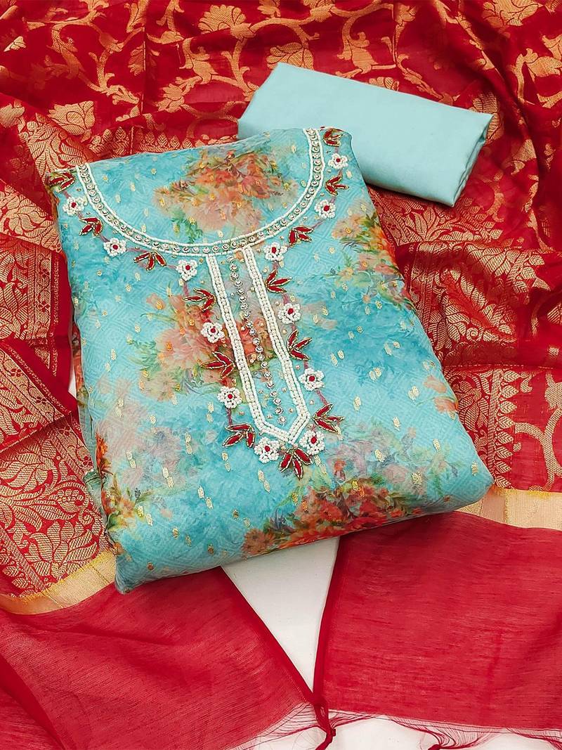 printed embellished organza unstitched dress material