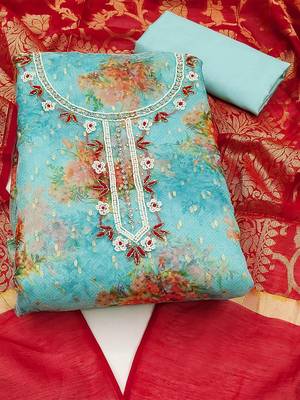 printed embellished organza unstitched dress material 2