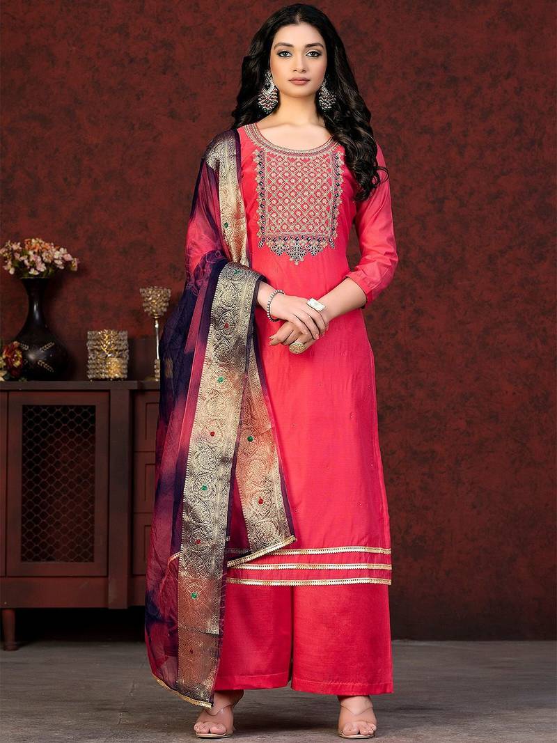 floral embroidered zari unstitched dress material