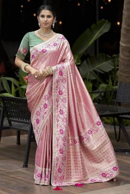 Pink Green silk blend embroidered heavy work Saree with blouse  1