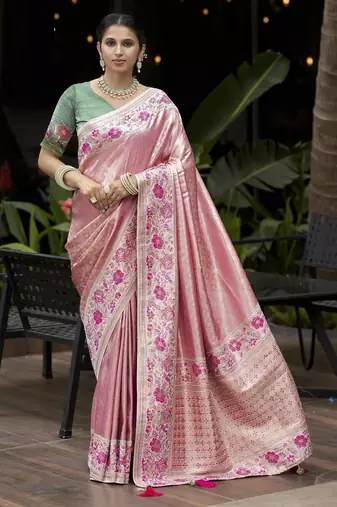 Pink Green silk blend embroidered heavy work Saree with blouse 