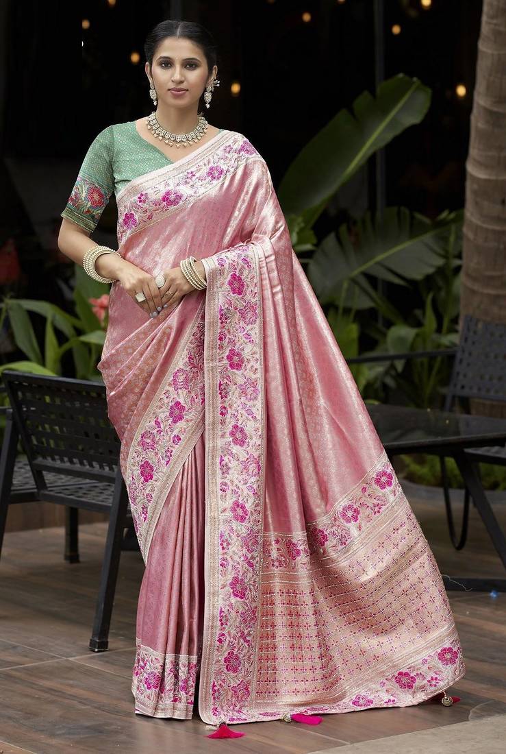 Pink Green silk blend embroidered heavy work Saree with blouse 