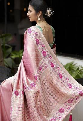 Pink Green silk blend embroidered heavy work Saree with blouse  4