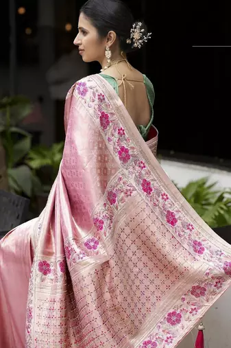 Pink Green silk blend embroidered heavy work Saree with blouse 