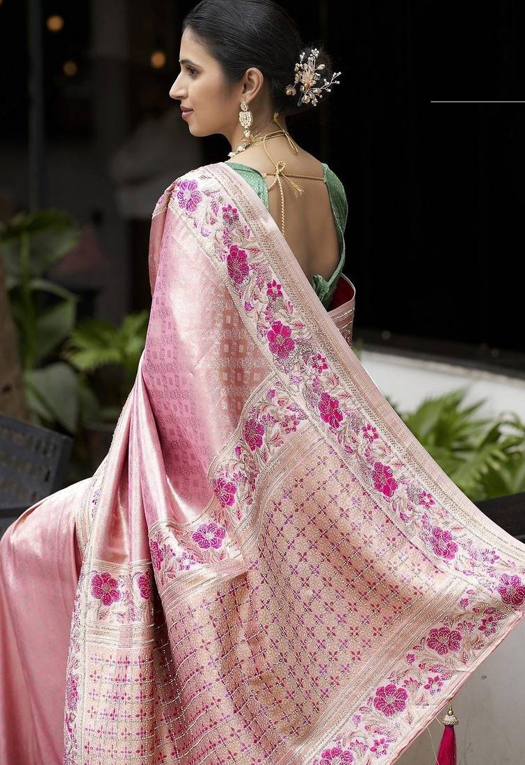 Pink Green silk blend embroidered heavy work Saree with blouse 