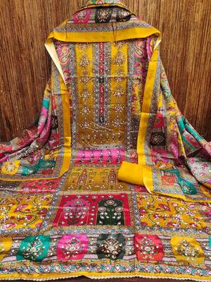 women mustard printed geometric dress material 1