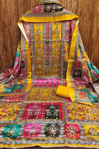 women mustard printed geometric dress material
