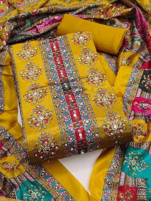 women mustard printed geometric dress material 3