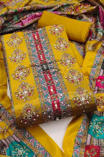 women mustard printed geometric dress material