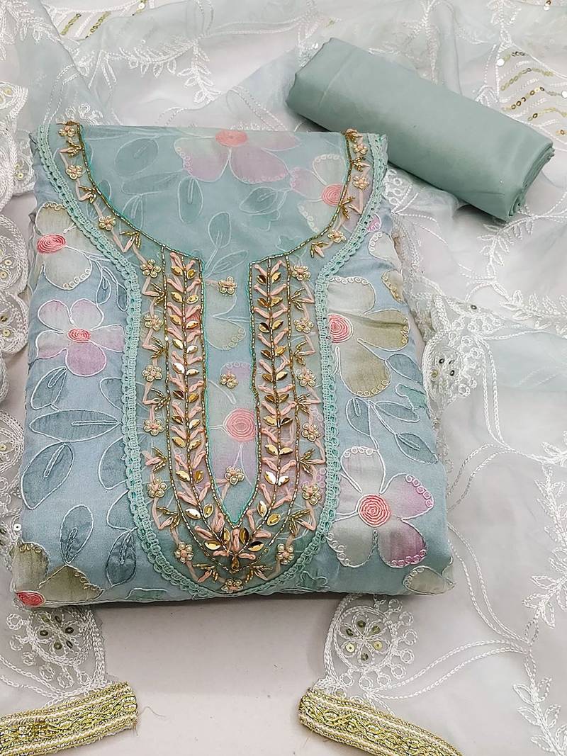 floral embroidered beads and stones unstitched dress material