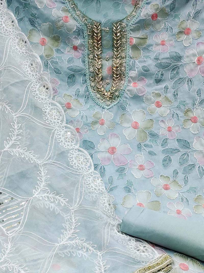floral embroidered beads and stones unstitched dress material