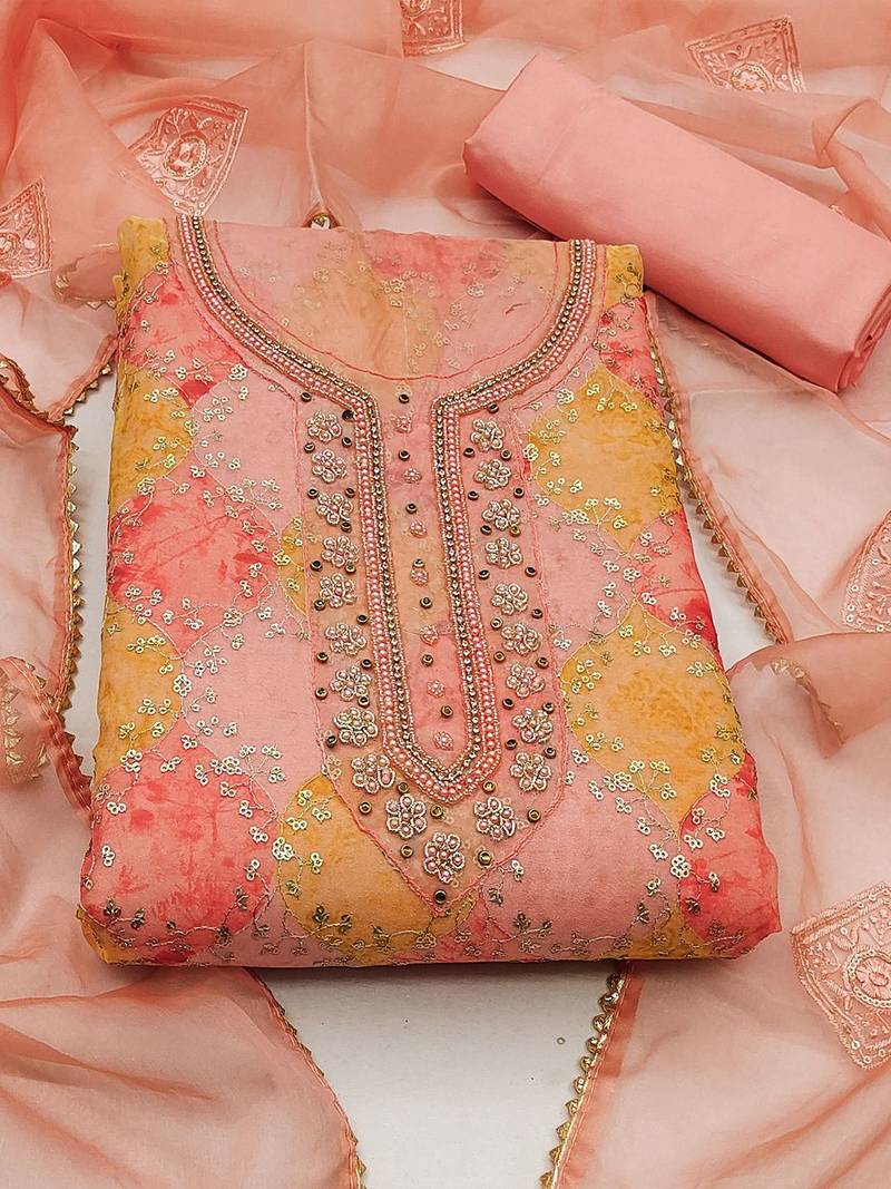 embroidered sequined organza unstitched dress material