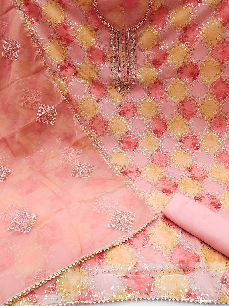 embroidered sequined organza unstitched dress material