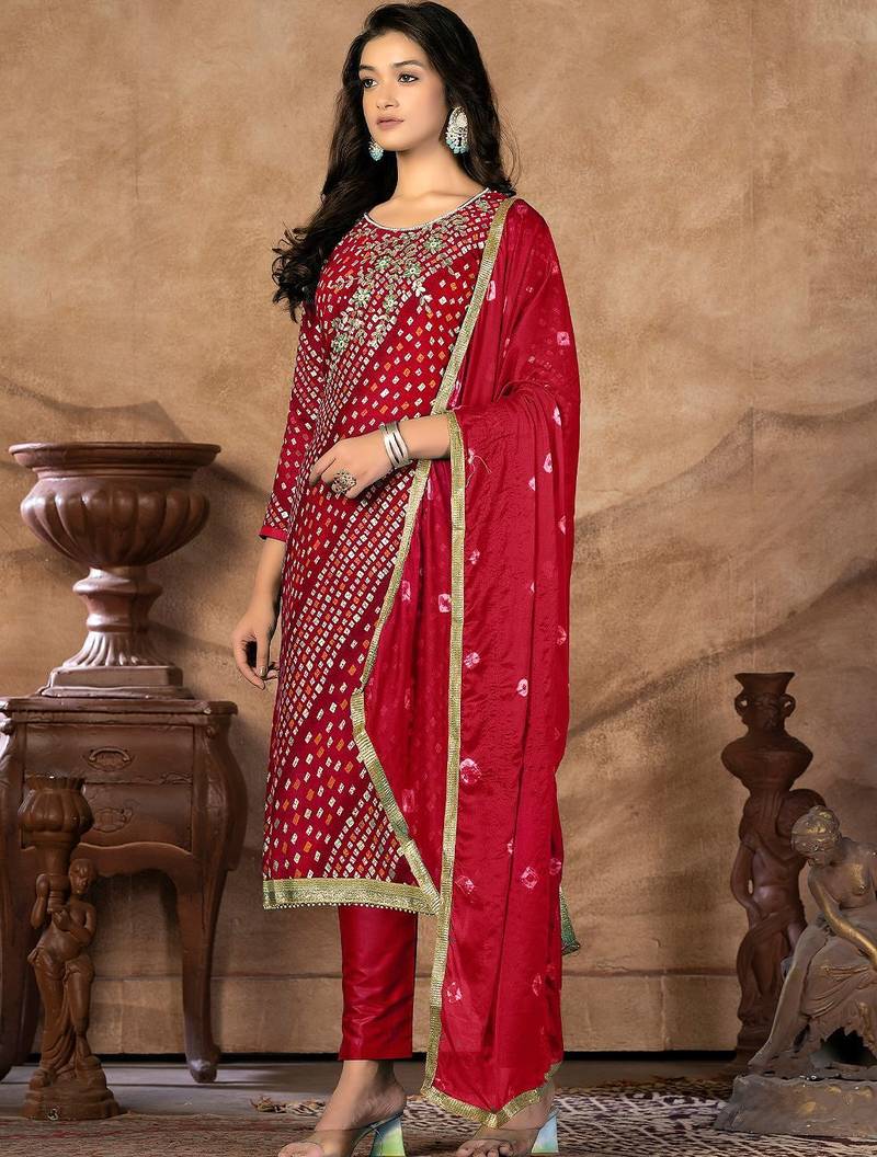 bandhani printed gotta patti cotton unstitched dress material
