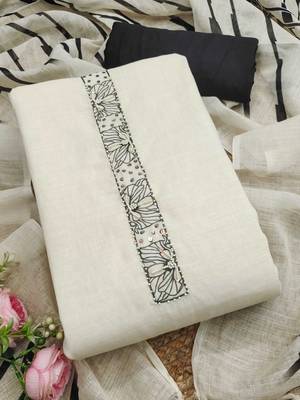 embellished linen semi-stitched dress material 5