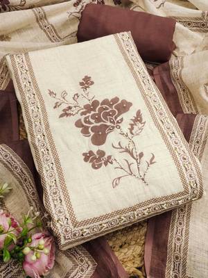 embellished linen semi-stitched dress material 1