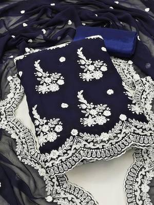 blue & white embroidered silk georgette unstitched dress material 1