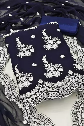 blue & white embroidered silk georgette unstitched dress material
