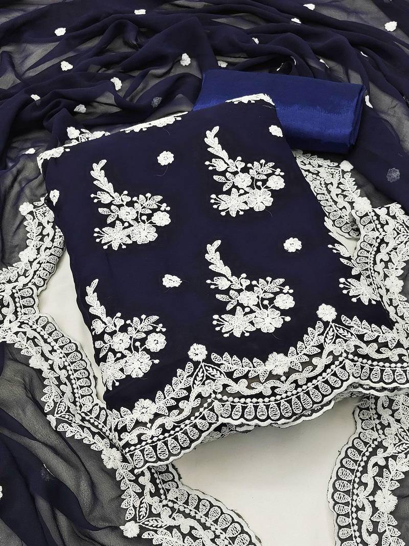 blue & white embroidered silk georgette unstitched dress material