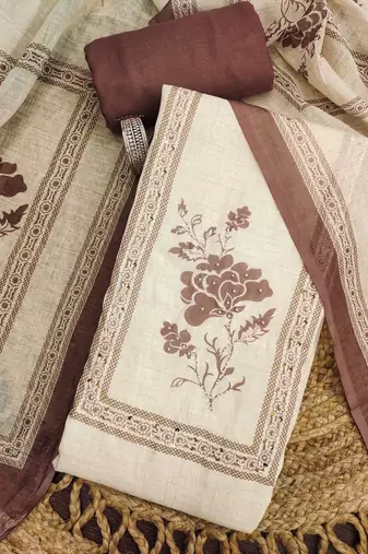 embellished linen semi-stitched dress material