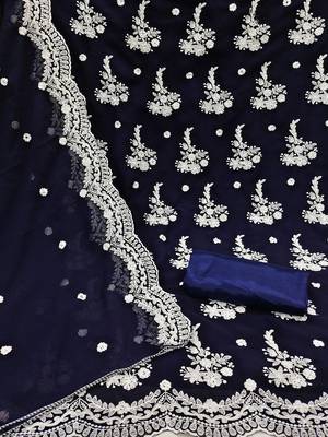 blue & white embroidered silk georgette unstitched dress material 2