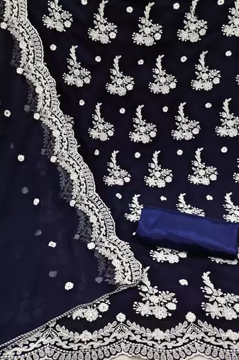 blue & white embroidered silk georgette unstitched dress material