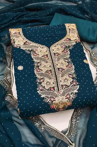 women teal blue georgette embroidery unstitched dress material