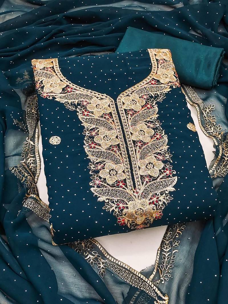 women teal blue georgette embroidery unstitched dress material