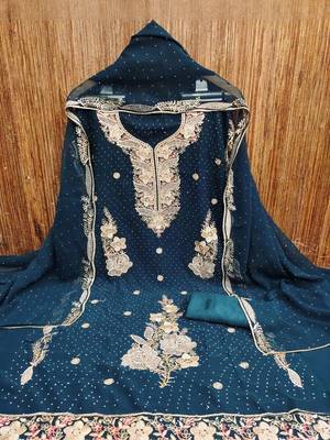 women teal blue georgette embroidery unstitched dress material 2