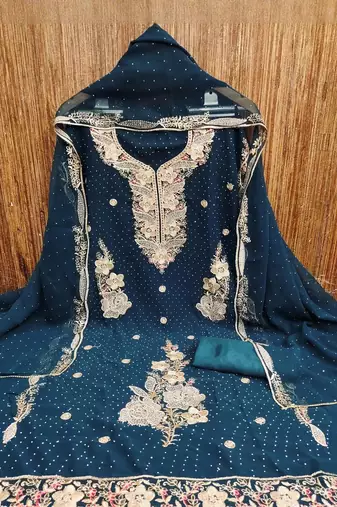 women teal blue georgette embroidery unstitched dress material