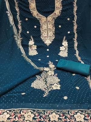 women teal blue georgette embroidery unstitched dress material 3