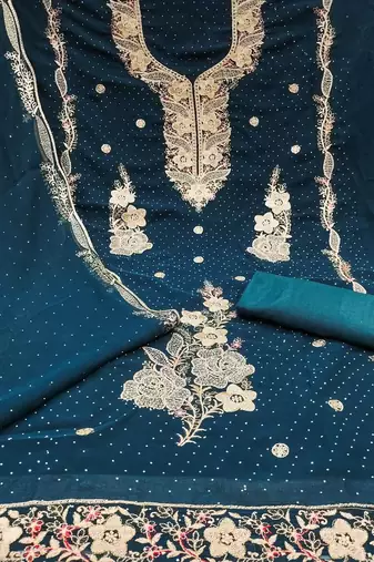 women teal blue georgette embroidery unstitched dress material