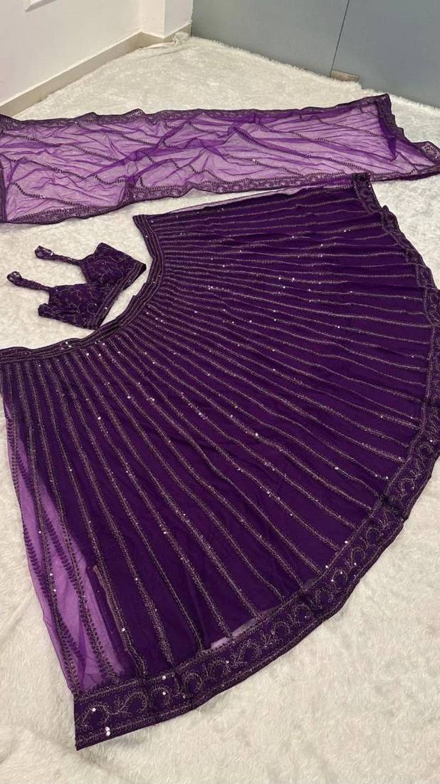 Purple Net Lehenga With Heavy Sequins And Dori Work | Designer Party Wear Wedding Lehenga Choli With Blouse