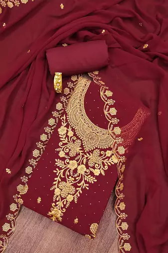 ethnic motifs embroidered zari silk georgette unstitched dress material