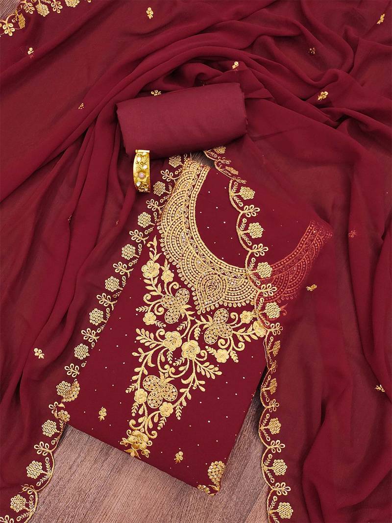 ethnic motifs embroidered zari silk georgette unstitched dress material