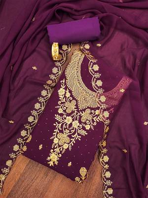 ethnic motifs embroidered zari silk georgette unstitched dress material 1